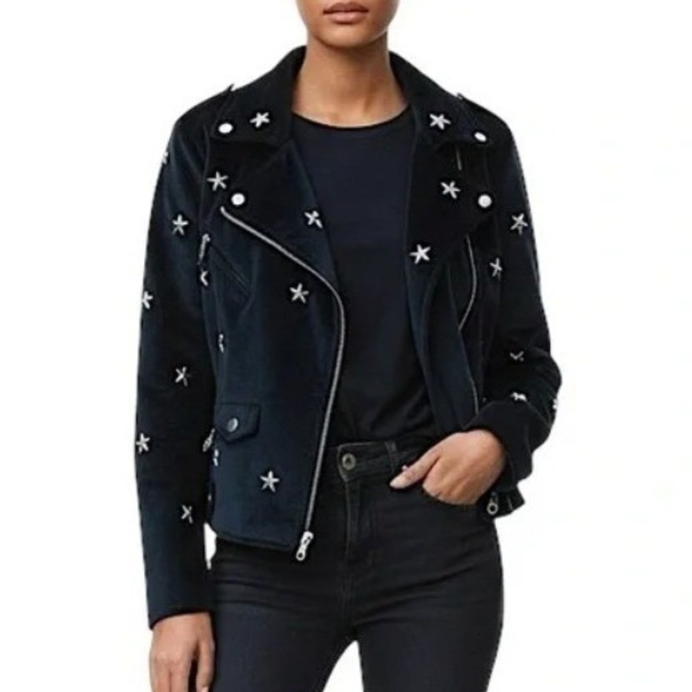 REBECCA MINKOFF Wes Star-Studded Velour Moto Jacket Navy Blue Women Size‎ XS Zip